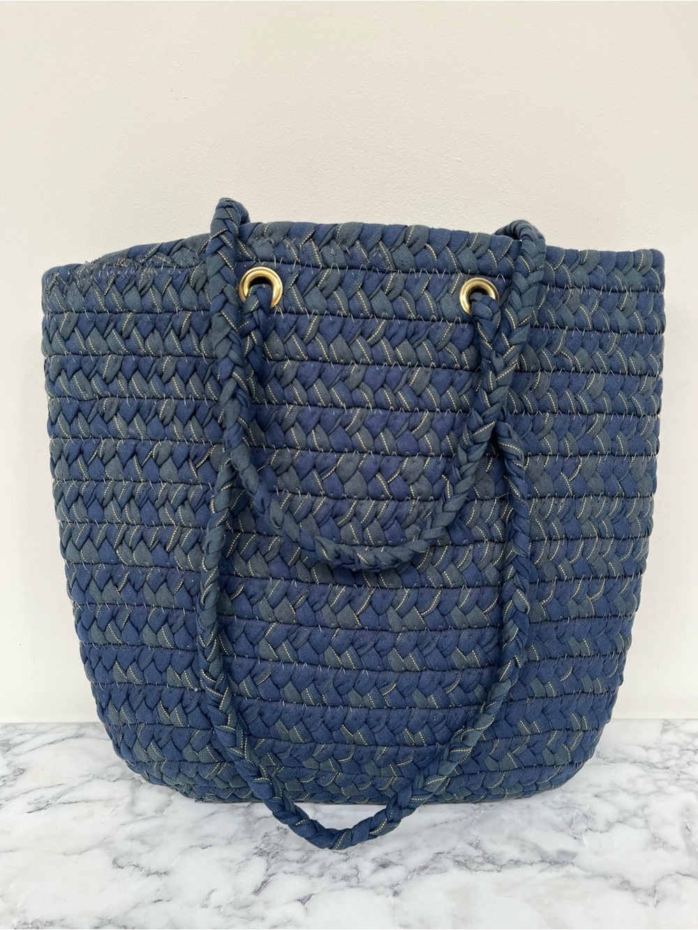 New Colonial Mills Inc. Braided Rug Shoulder Tote Bag Woven Navy/Hunter Green